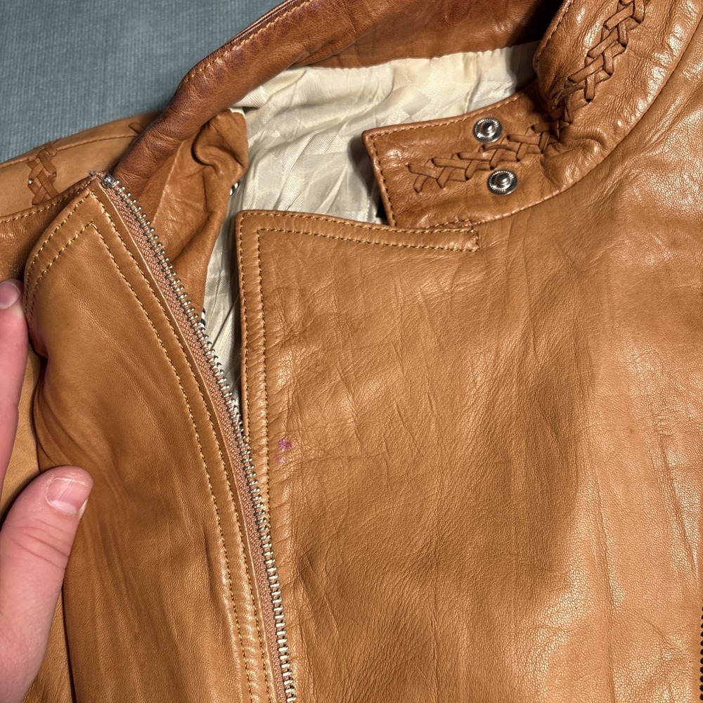 Cole Haan Collection Tan Lambskin Leather Whipstitch Moto Jacket Womens Medium - Picture 7 of 16